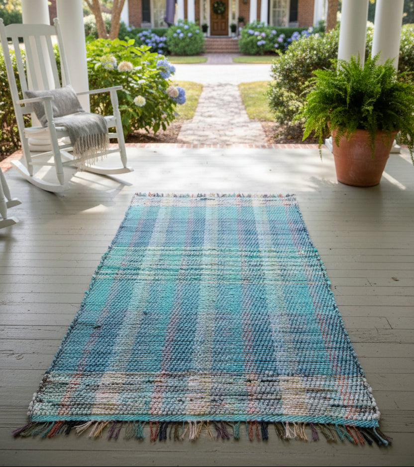 Loom-Woven Upcycled Fabric Rug Runner - Teal & Blue Twill Pattern (64.5" x 28.5")  #13
