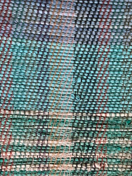 Loom-Woven Upcycled Fabric Rug Runner - Teal & Blue Twill Pattern (64.5" x 28.5")  #13