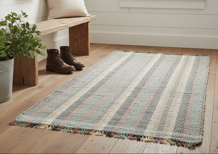 Loom-Woven Upcycled Fabric Rug Runner - Grey Multicolor Twill Pattern (70" x 28")  #14