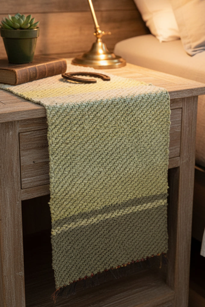 Loom-Woven Upcycled Fabric Table Runner - Purple, Green & Grey Stripes (33.5" x 15.25")  #25
