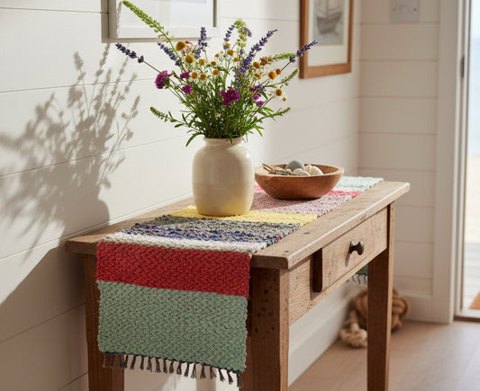 Multicolored woven rug with striped pattern on a brown background
