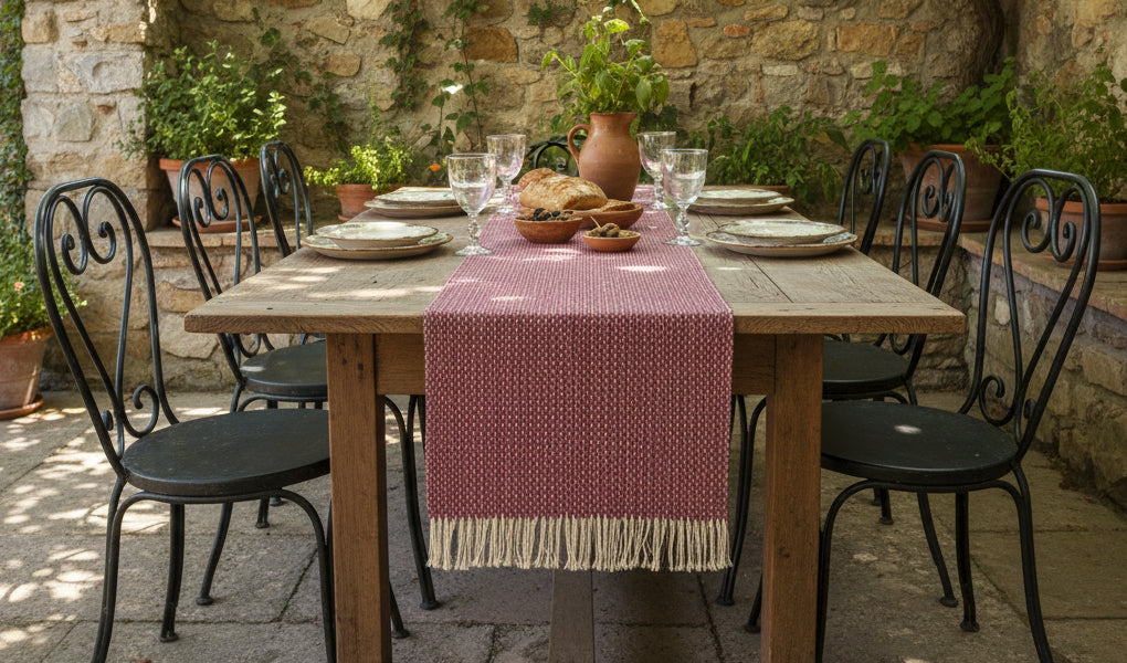 Loom-Woven Cotton Long Table Runner - White & Mauve (87.5" x 14.25")  #31