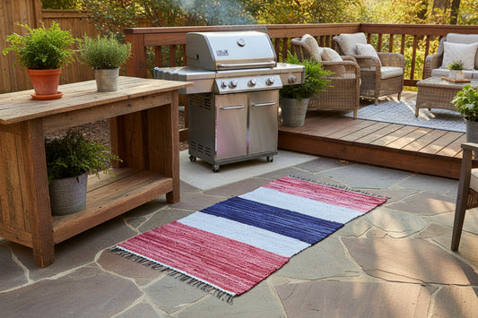 Loom-Woven Upcycled Fabric Area Rug - Colorful RED, WHITE and BLUE(48" x 27.5") #60