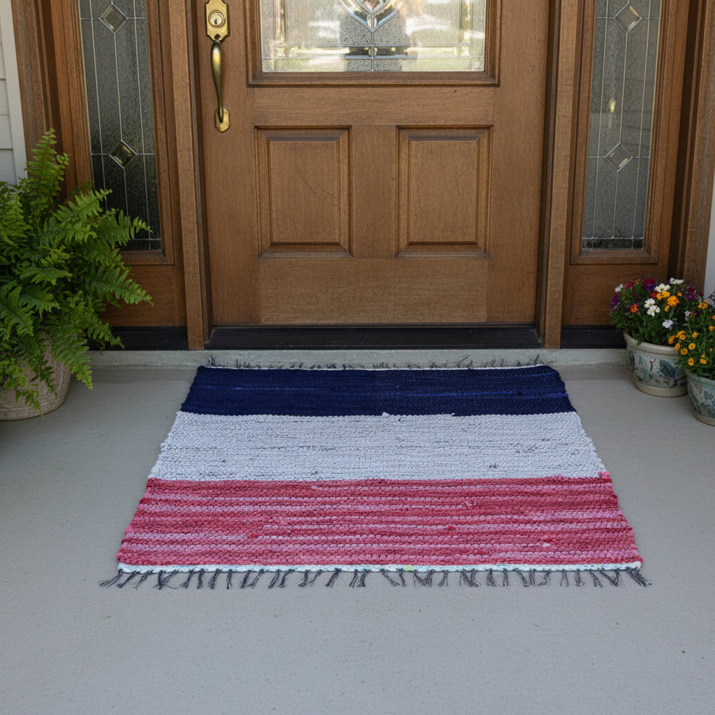 Loom-Woven Upcycled Fabric Area Rug - Colorful RED WHITE and Blue(30" x 27.5.") # 61