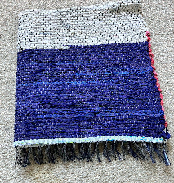 Loom-Woven Upcycled Fabric Area Rug - Colorful RED WHITE and Blue(30" x 27.5.") # 61