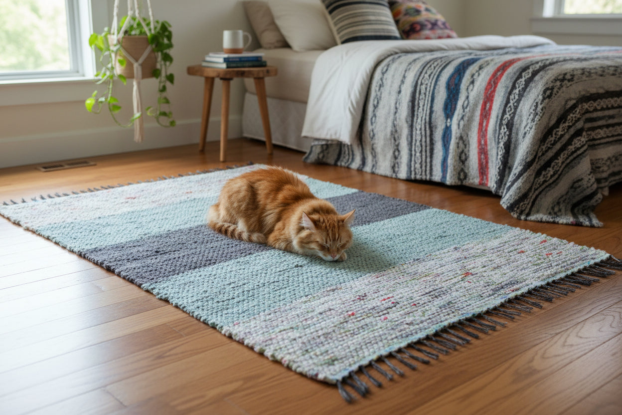 Loom-Woven Upcycled Fabric Area Rug - Colorful Accent Rug (38"x27.5")#62