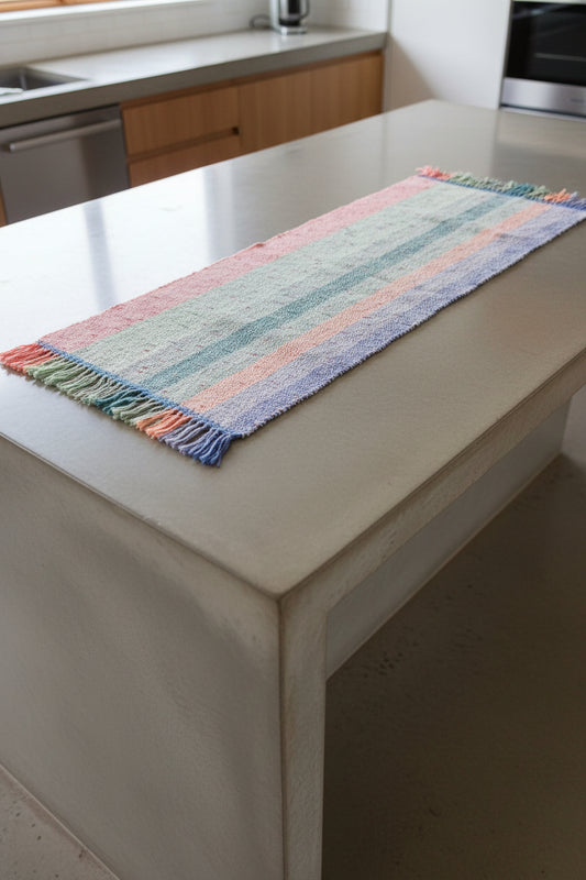 Striped woven mat with pink, green, and blue colors on a textured surface