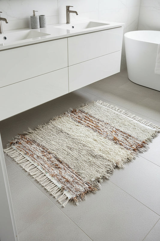 Handwoven Shaggy Area Rug – Upcycled Upholstery Selvedges (31.5" x 24.5") #66