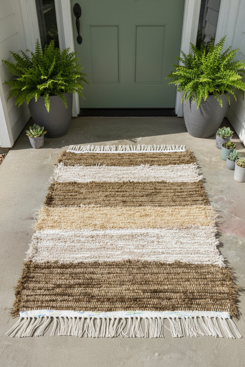 Handwoven Shaggy Area Rug – Upcycled Upholstery Selvedge (31" x 24.5") #68