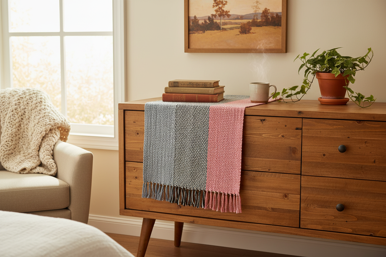 Loom-Woven Cotton Dresser Scarf or Lap Blanket - White, Blue & Pink (41.5" x 14.5")  #34