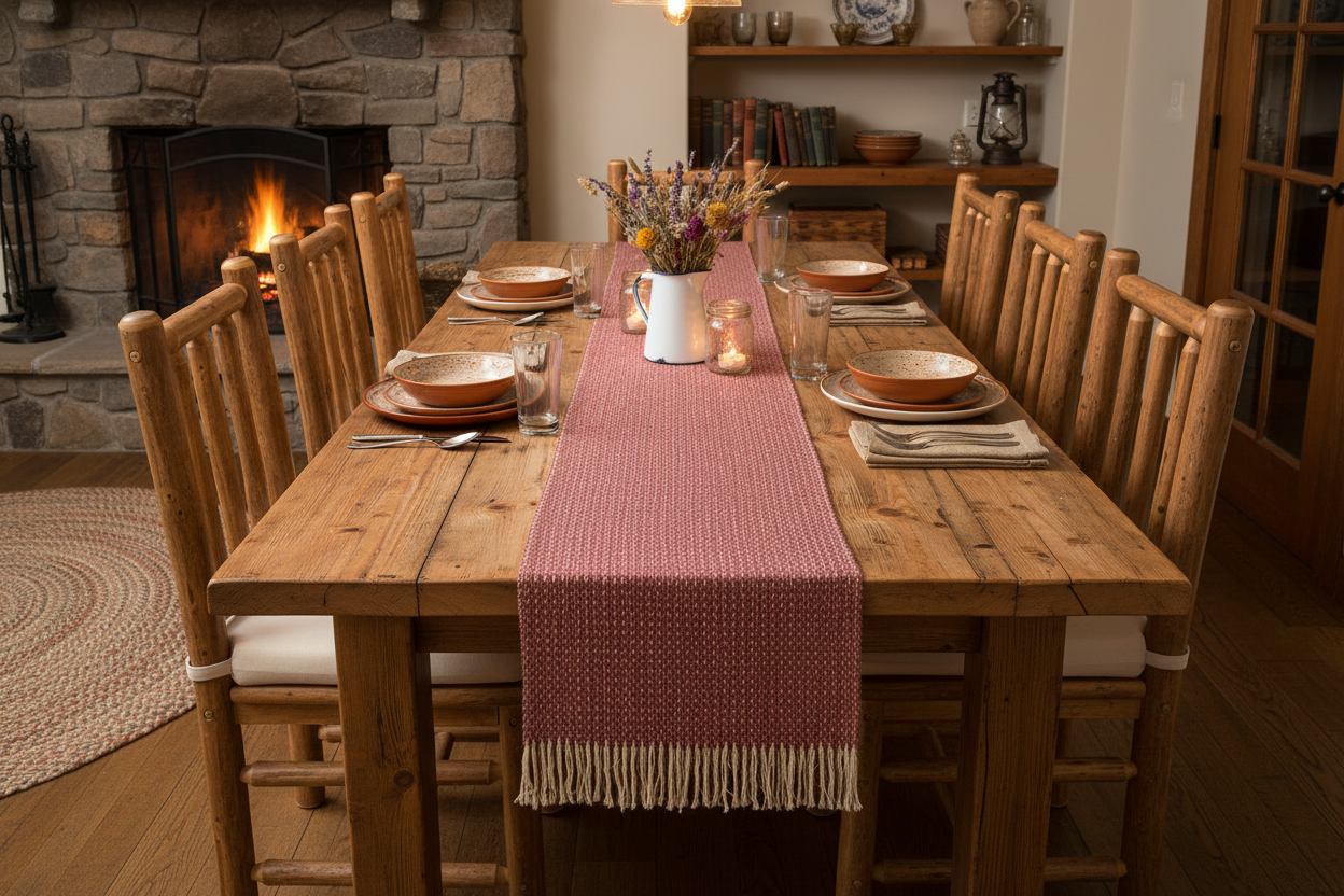 Loom-Woven Cotton Long Table Runner - White & Mauve (87.5" x 14.25")  #31