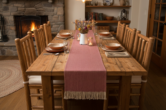 Loom-Woven Cotton Long Table Runner - White & Mauve (87.5" x 14.25")  #31