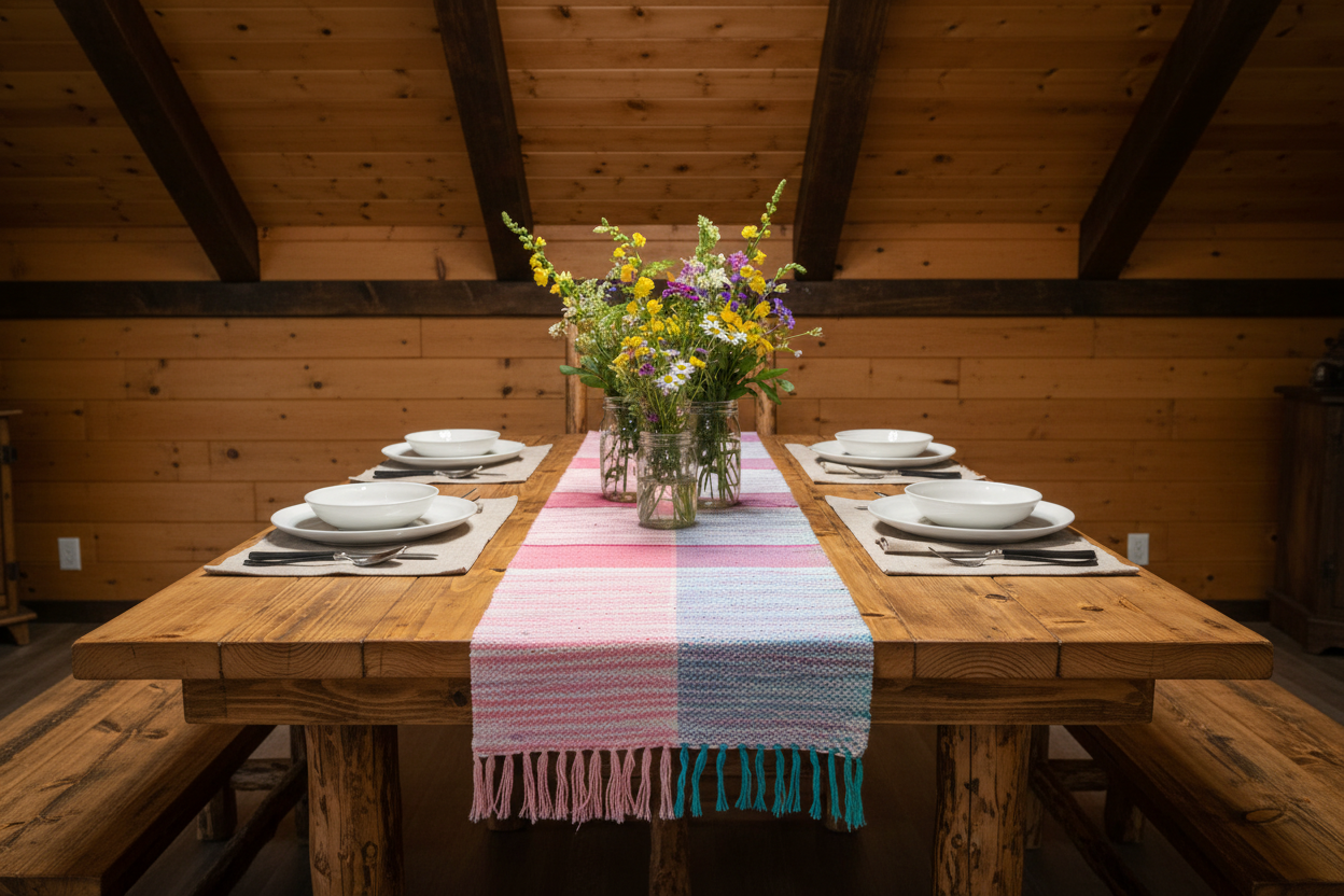 Loom-Woven Cotton Extra Long Table Runner - Pinks, Blues & White (112" x 15")  #32
