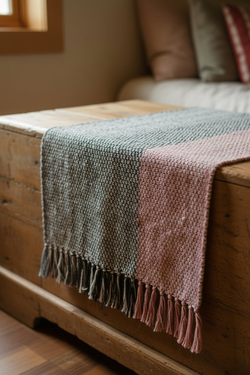 Loom-Woven Cotton Dresser Scarf or Lap Blanket - White, Blue & Pink (41.5" x 14.5")  #34