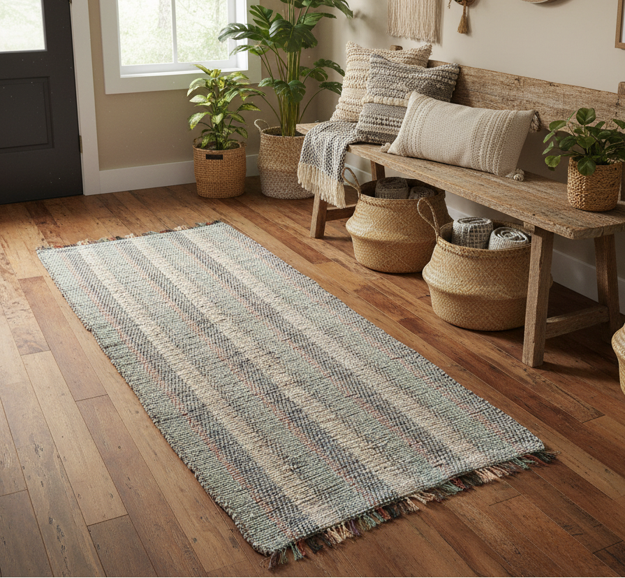 Loom-Woven Upcycled Fabric Rug Runner - Grey Multicolor Twill Pattern (70" x 28")  #14