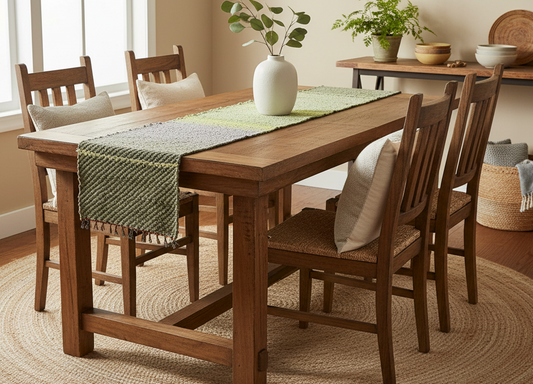 Loom-Woven Upcycled Fabric Table Runner - Purple, Green & Grey Stripes (33.5" x 15.25")  #25